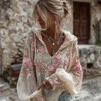 Women's Pink Floral Embroidery V-neck Linen Blend Hoodie