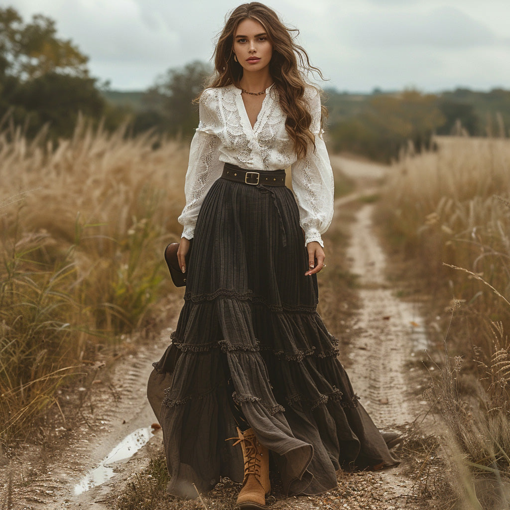 Retro V-neck Lace Linen Women's Pastoral Style Linen Skirts