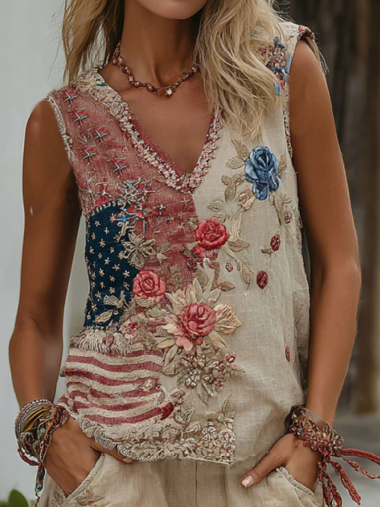 Western Cowboy Style American Floral Patchwork Vintage Linen V Neck Tank Top In The Countryside