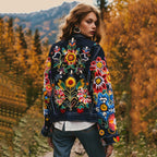 Women's Art Plant Flower Embroidery Print Denim Jacket