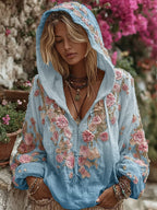 Classic Bohemian Style Pink Rose Vintage V-neck Hoodie
