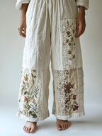 Floral Embroidery Lace Patchwork Women's Linen Pants