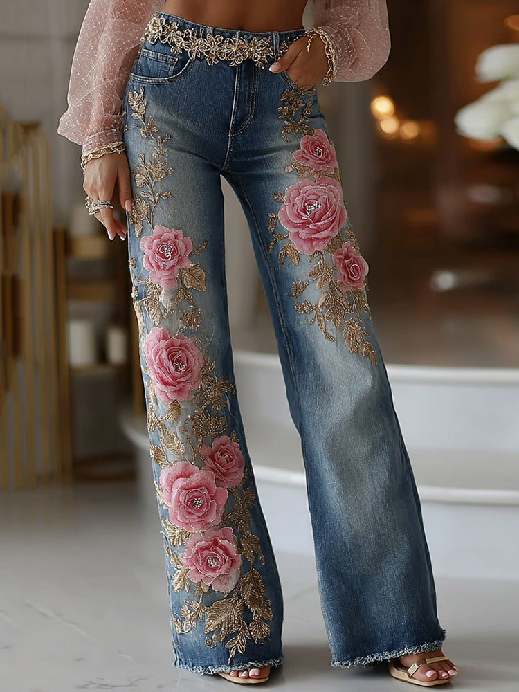Women's Vintage Rose Floral Embroidery Art Loose Jeans