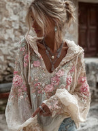 Women's Pink Floral Embroidery V-neck Linen Blend Hoodie