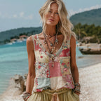 Women's Vintage Floral Art Linen Patchwork Sleeveless Top