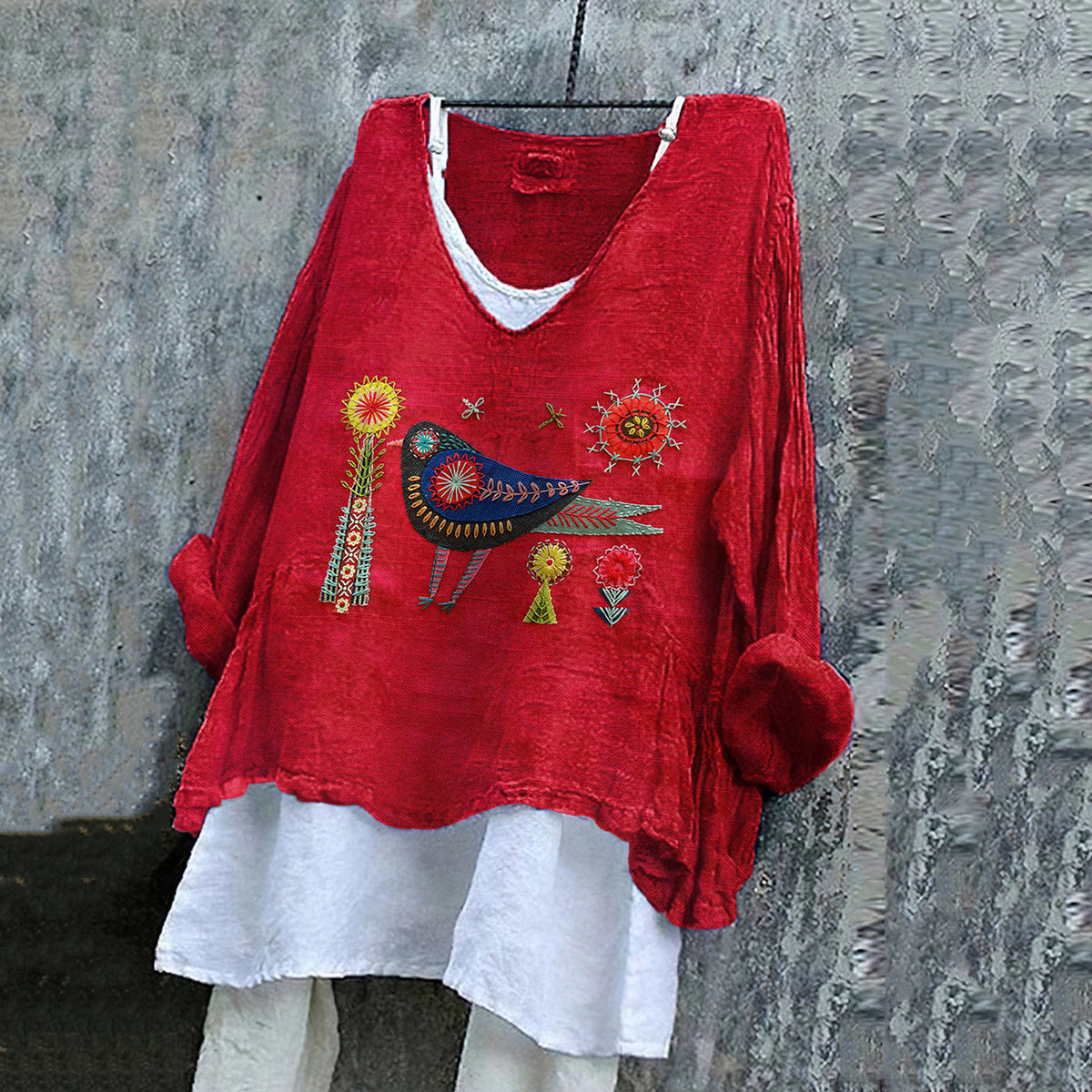 Women's Flower And Bird Embroidery Art Linen V-neck Shirt
