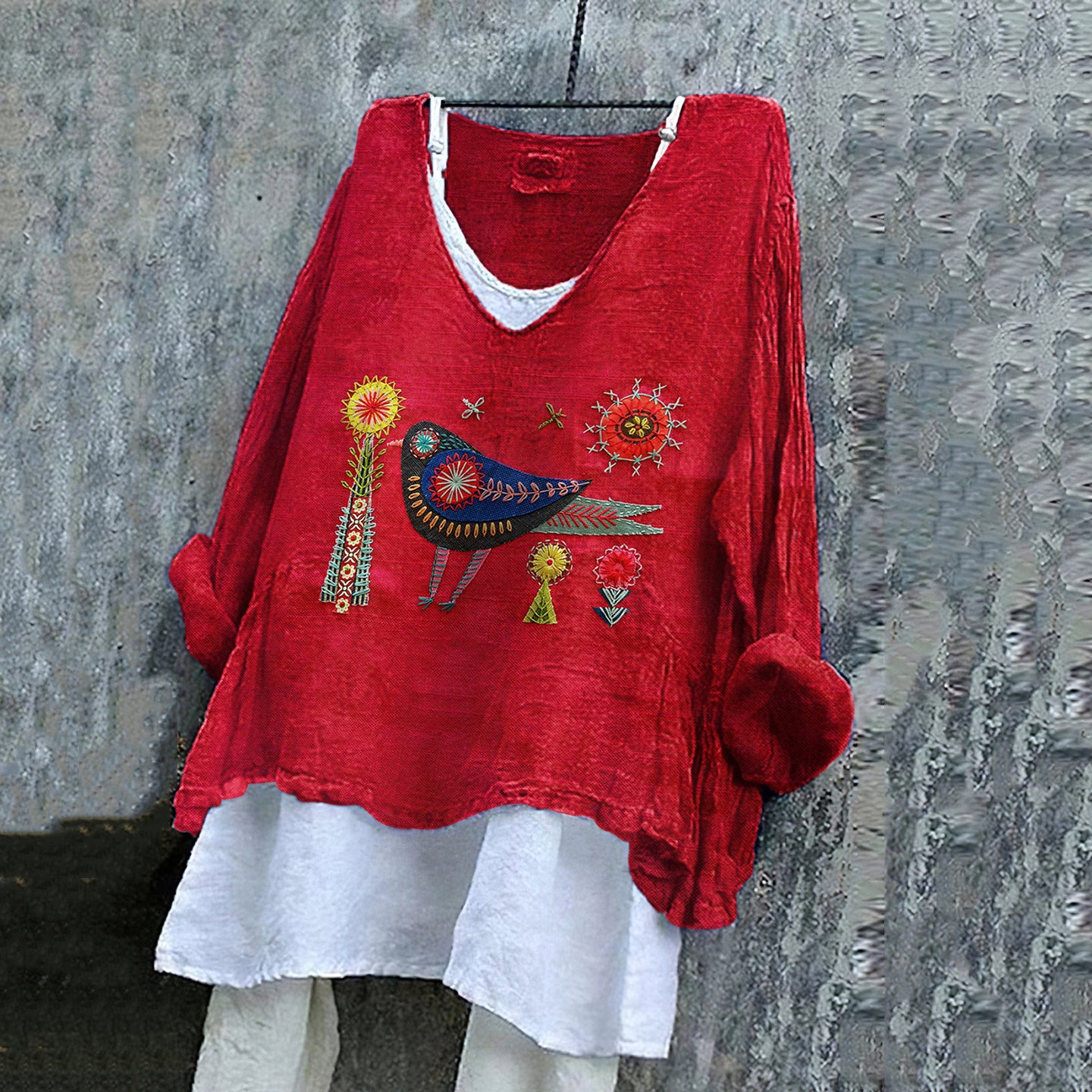 Women's Flower And Bird Embroidery Art Linen V-neck Shirt