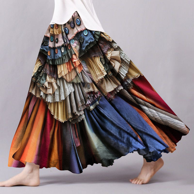 Vintage Boho Color Block Flowy Wide Skirt