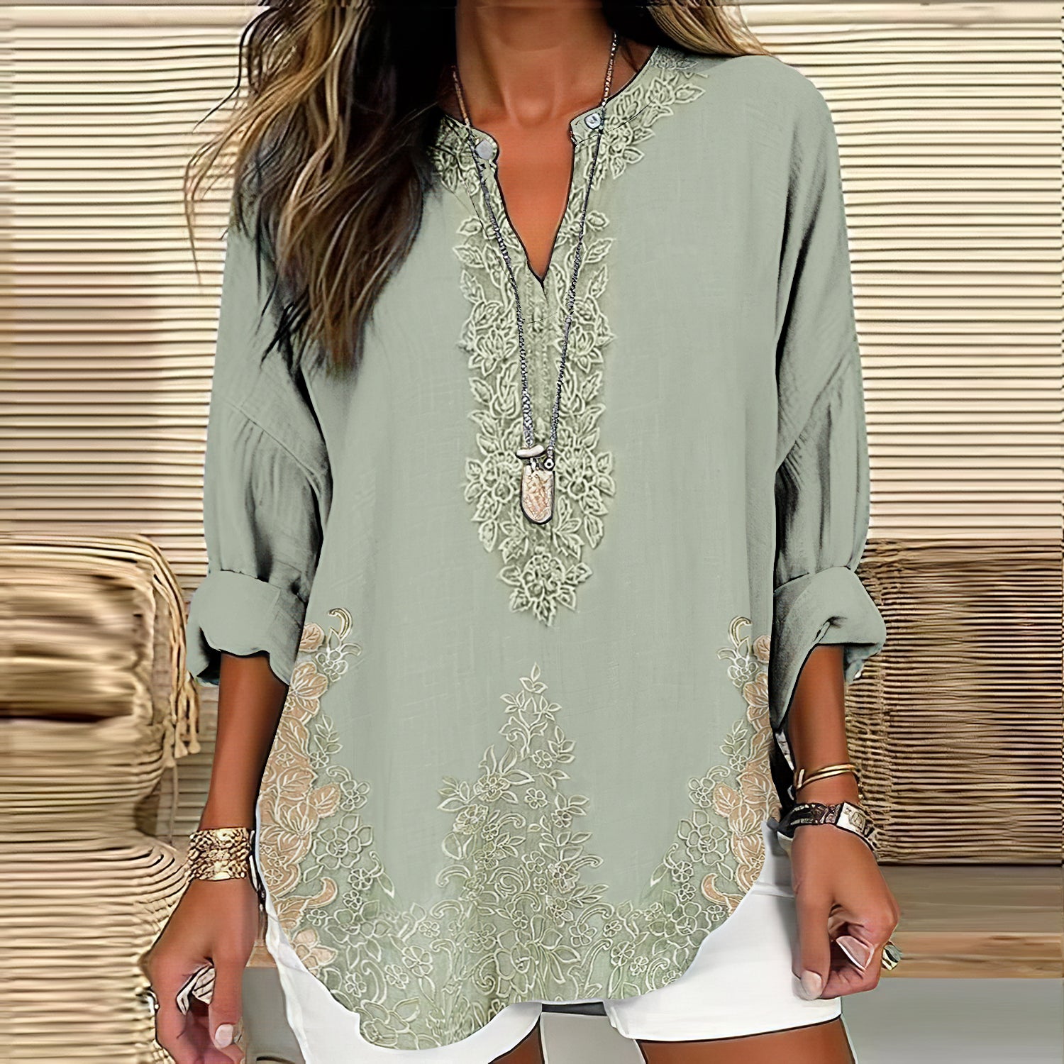 Women's Retro Floral Art Linen Print Casual Shirt