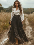 Retro V-neck Lace Linen Women's Pastoral Style Linen Skirts