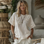 Vintage Boho Roses Embroidered Art Casual Linen T-shirt