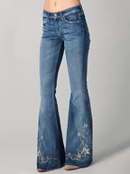 Rhinestone Floral Embroidered Bottom Washed Flare Jeans