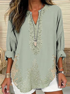 Women's Retro Floral Art Linen Print Casual Shirt