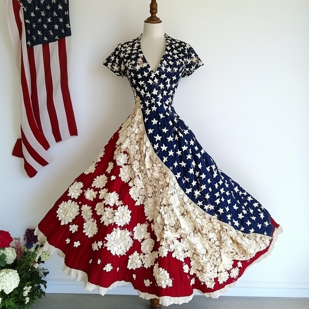 Women's Vintage Independence Day Floral Colorblock Short Sleeve Dress