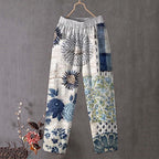 Japanese Flower Art Print Linen Blend Pocket Pants