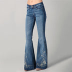 Rhinestone Floral Embroidered Bottom Washed Flare Jeans