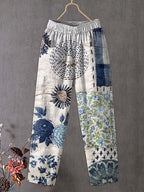 Japanese Flower Art Print Linen Blend Pocket Pants