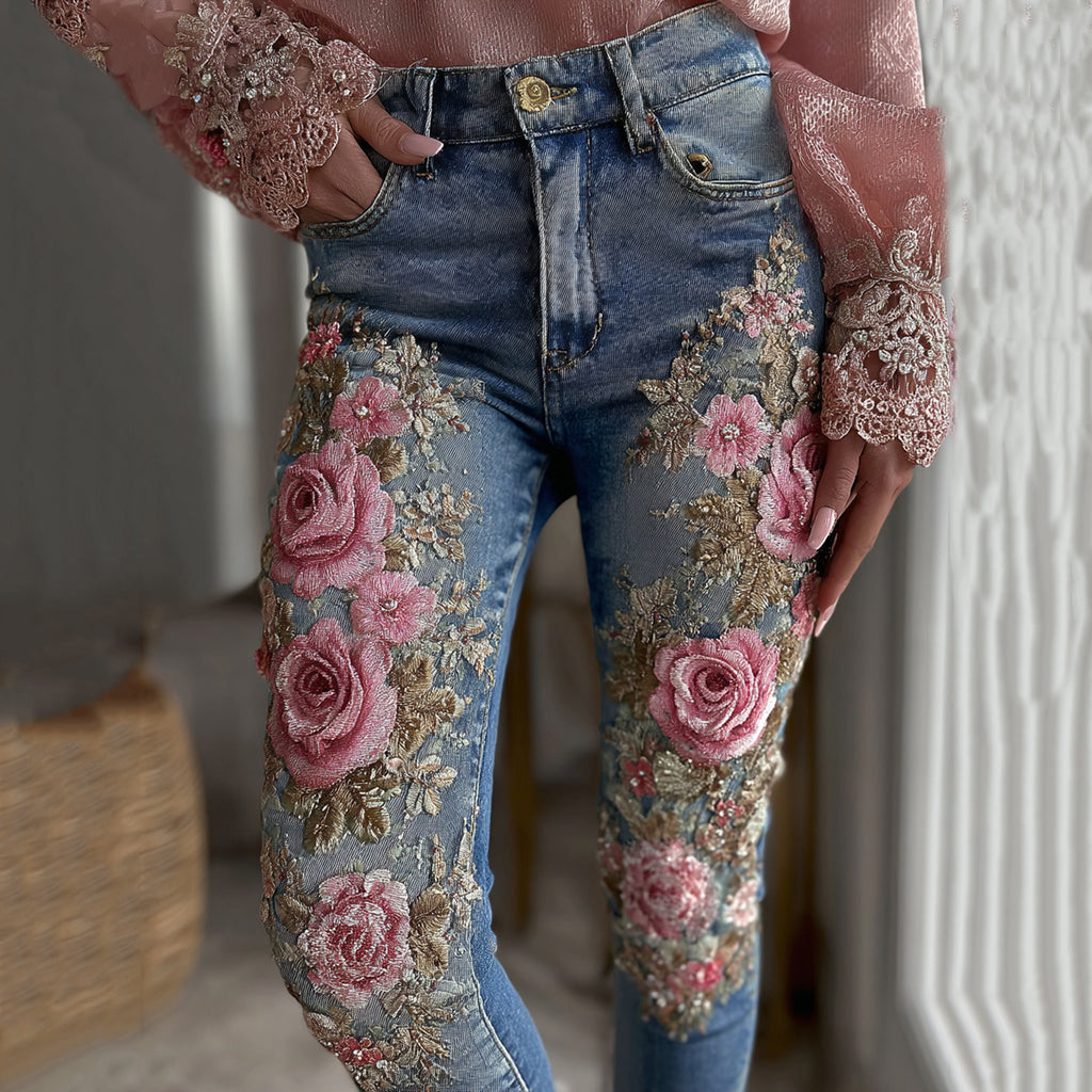 Women's Vintage Rose Floral Embroidery Art Casual Jeans
