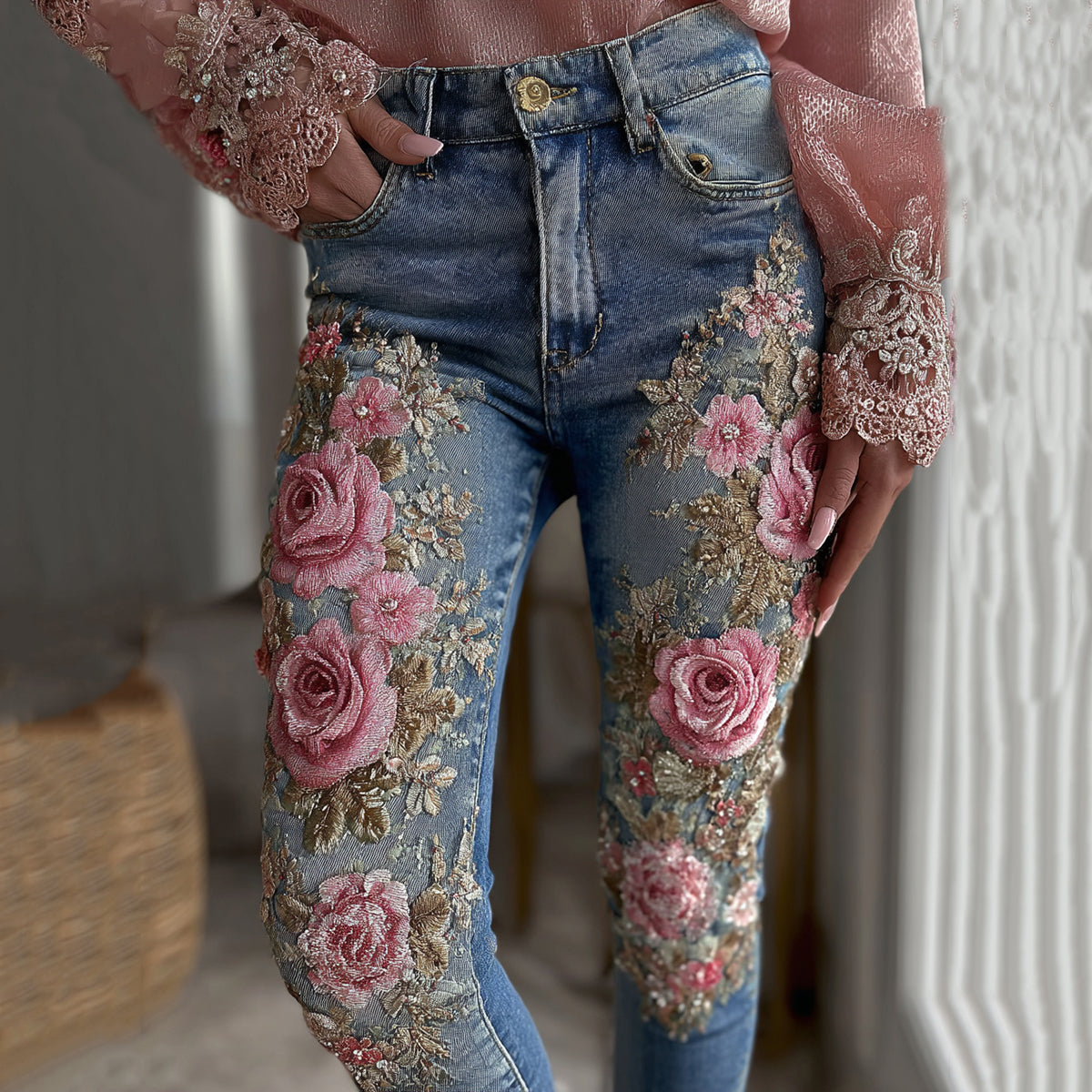 Women's Vintage Rose Floral Embroidery Art Casual Jeans