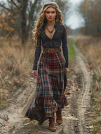 Women's Retro Pastoral Cotton And Linen Plaid Print Skirt