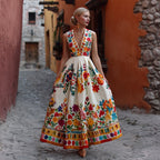 Mexican Flowers Embroidered V Neck Flowy Linen Maxi Dress