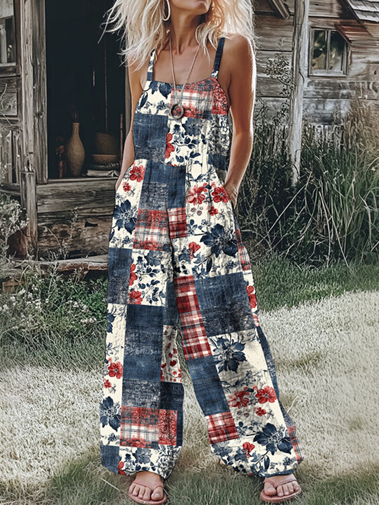 Women's Vintage Independence Day Floral Art Print Casual Jumpsuit