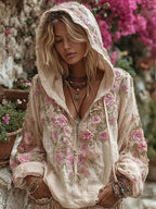 Classic Bohemian Style Pink Rose Vintage V-neck Hoodie