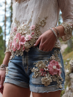 Women's Bohemian Style Three-dimensional Pink Flower Design Denim Shorts