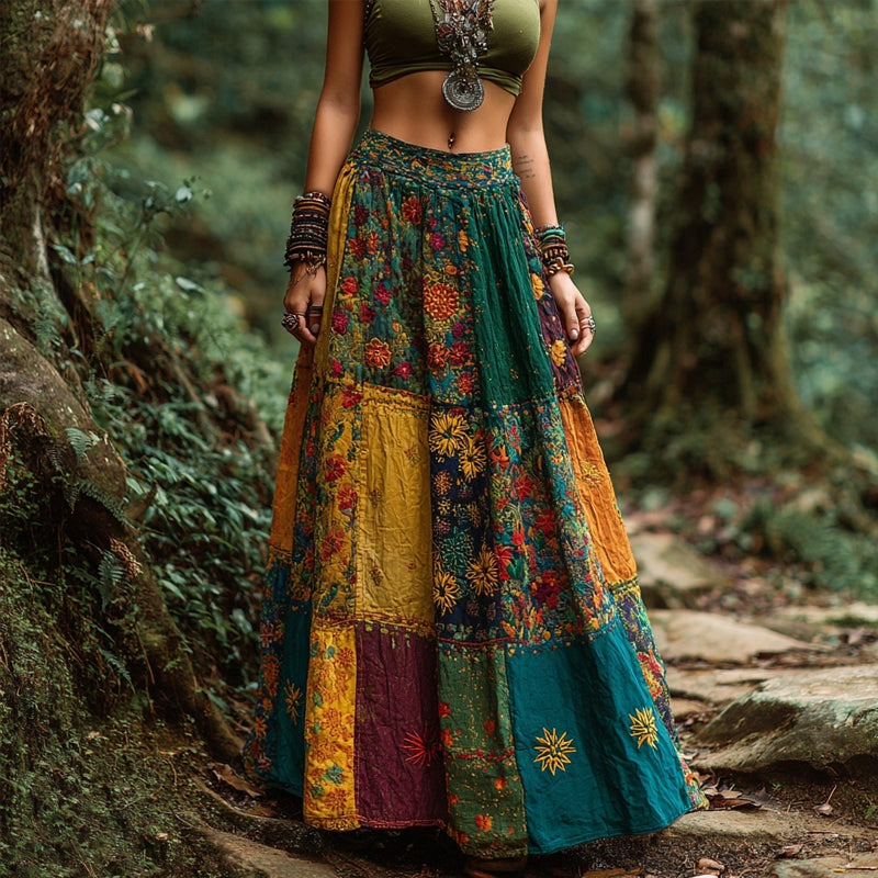 Bohemian Hippie Patchwork Cottage Core Flowy Linen Skirt
