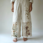 Floral Embroidery Lace Patchwork Women's Linen Pants