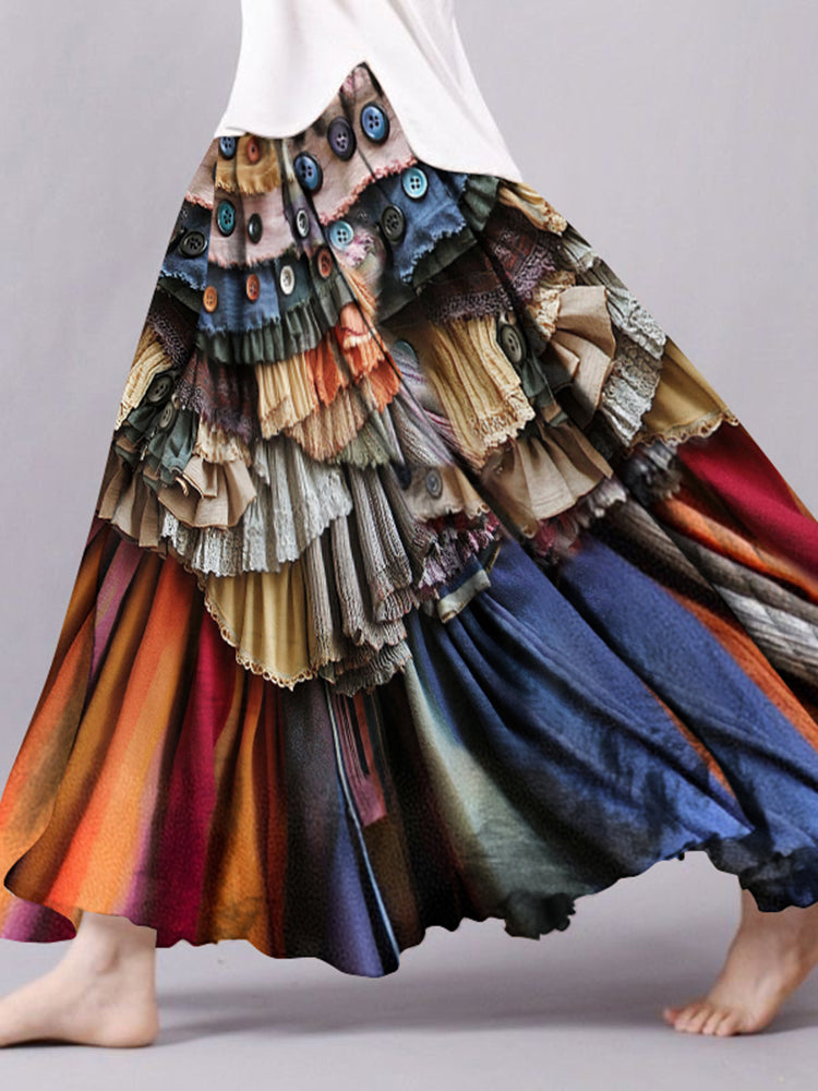 Vintage Boho Color Block Flowy Wide Skirt