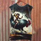 Vintage Wild West Cowgirl Rooster Print 100% Cotton Casual Tank Top