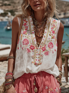 Vintage Pink Roses Embroidery Art Linen Casual Tank Top