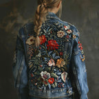 Women's Vintage Plant Flower Embroidery Print Denim Jacket