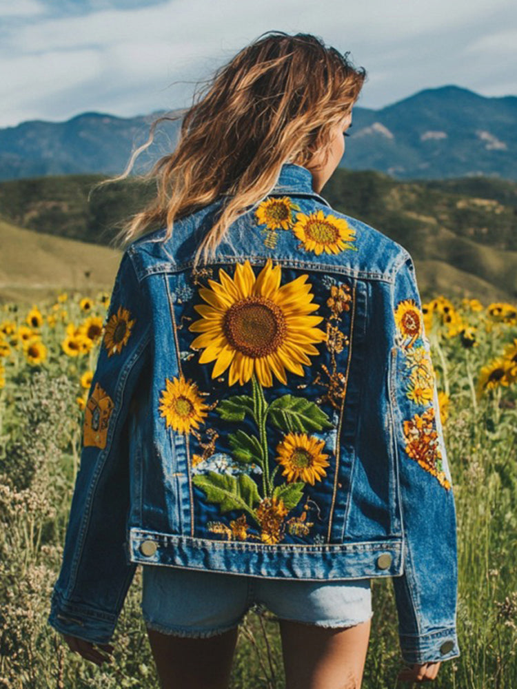 Vintage Ukrainian Sunflowers Embroidered Patchwork Washed Denim Jacket