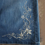 Rhinestone Floral Embroidered Bottom Washed Flare Jeans