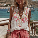 Vintage Pink Roses Embroidery Art Linen Casual Tank Top