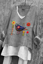 Women's Flower And Bird Embroidery Art Linen V-neck Shirt