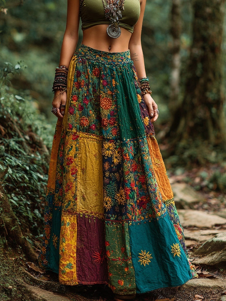 Bohemian Hippie Patchwork Cottage Core Flowy Linen Skirt