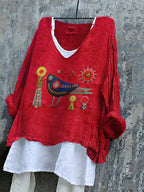 Women's Flower And Bird Embroidery Art Linen V-neck Shirt
