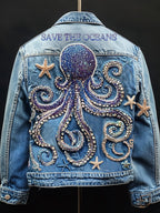 Respect The Locals Save The Oceans Octopus With Diamond Embroidered Denim Jacket
