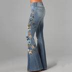 Blue & White Floral Embroidered Washed Flare Jeans