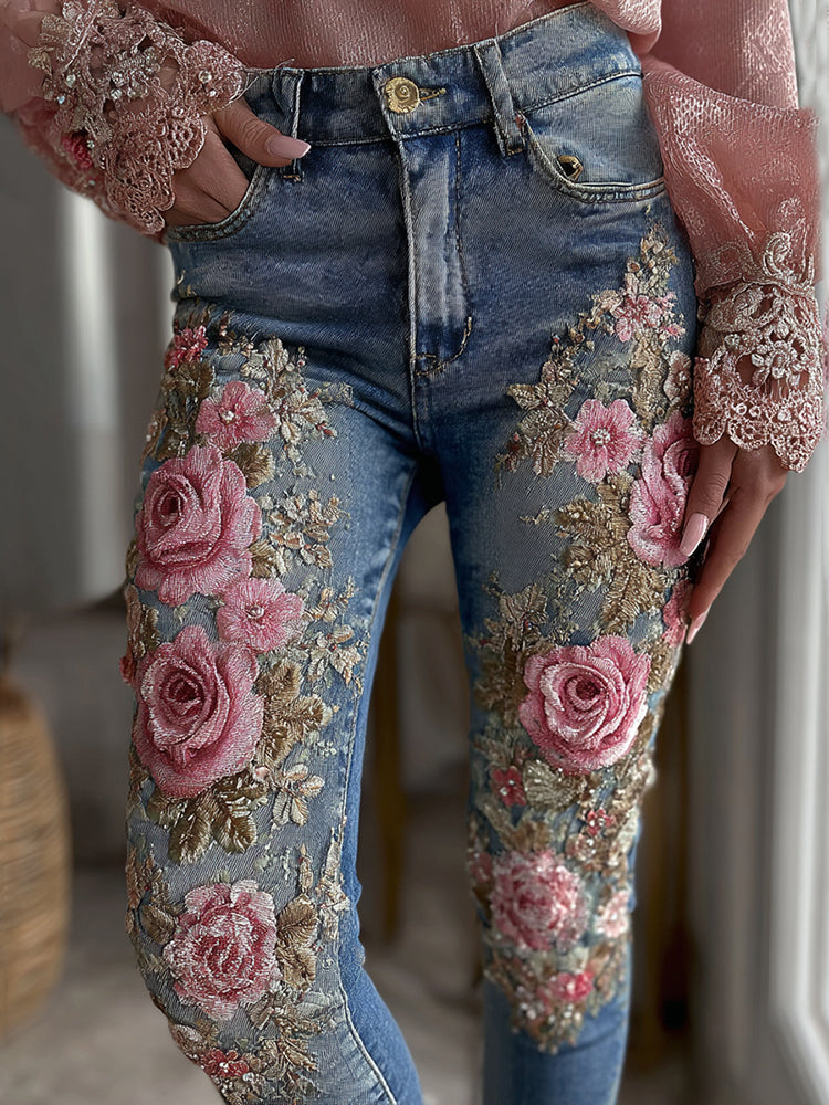 Women's Vintage Rose Floral Embroidery Art Casual Jeans