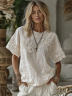 Vintage Boho Roses Embroidered Art Casual Linen T-shirt