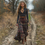 Women's Retro Pastoral Cotton And Linen Plaid Print Skirt