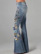 Blue & White Floral Embroidered Washed Flare Jeans