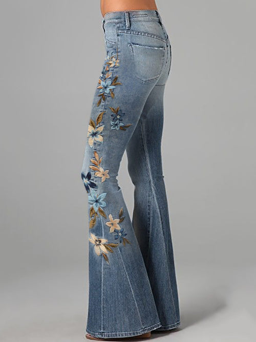 Blue & White Floral Embroidered Washed Flare Jeans
