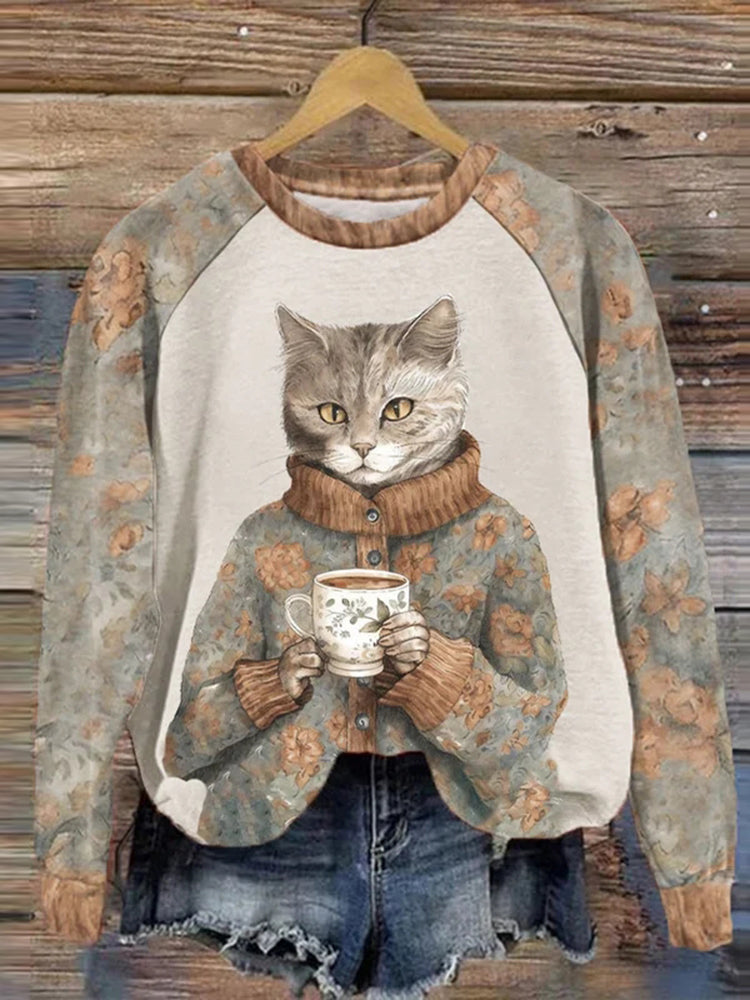 Winter Funny Cute Wonderland Clothing Floral Cat Printed Casual Sweatshirt