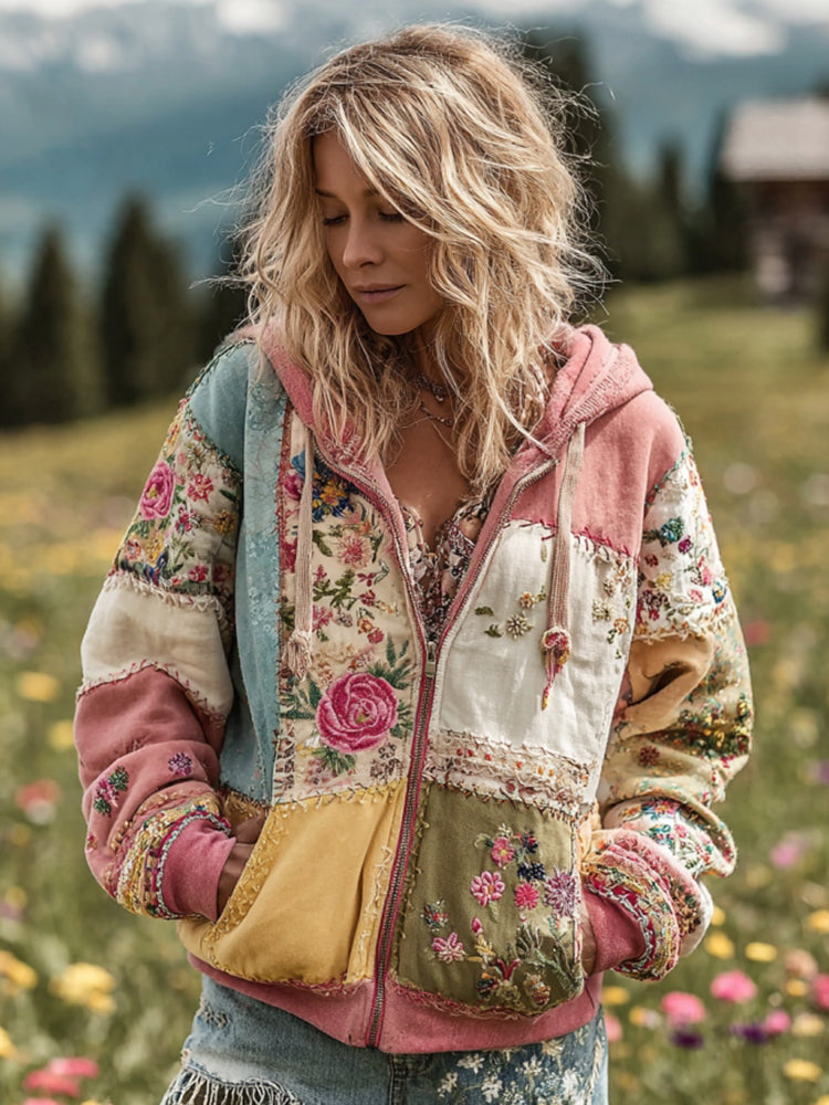 Women's Vintage Floral Patchwork Cozy Warm Zipper Hoodie