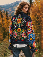 Women's Art Plant Flower Embroidery Print Denim Jacket